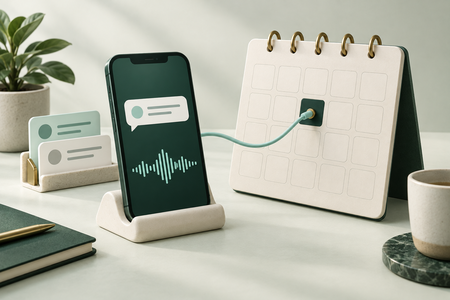 An illustrated smartphone inquiry connected to an appointment calendar.