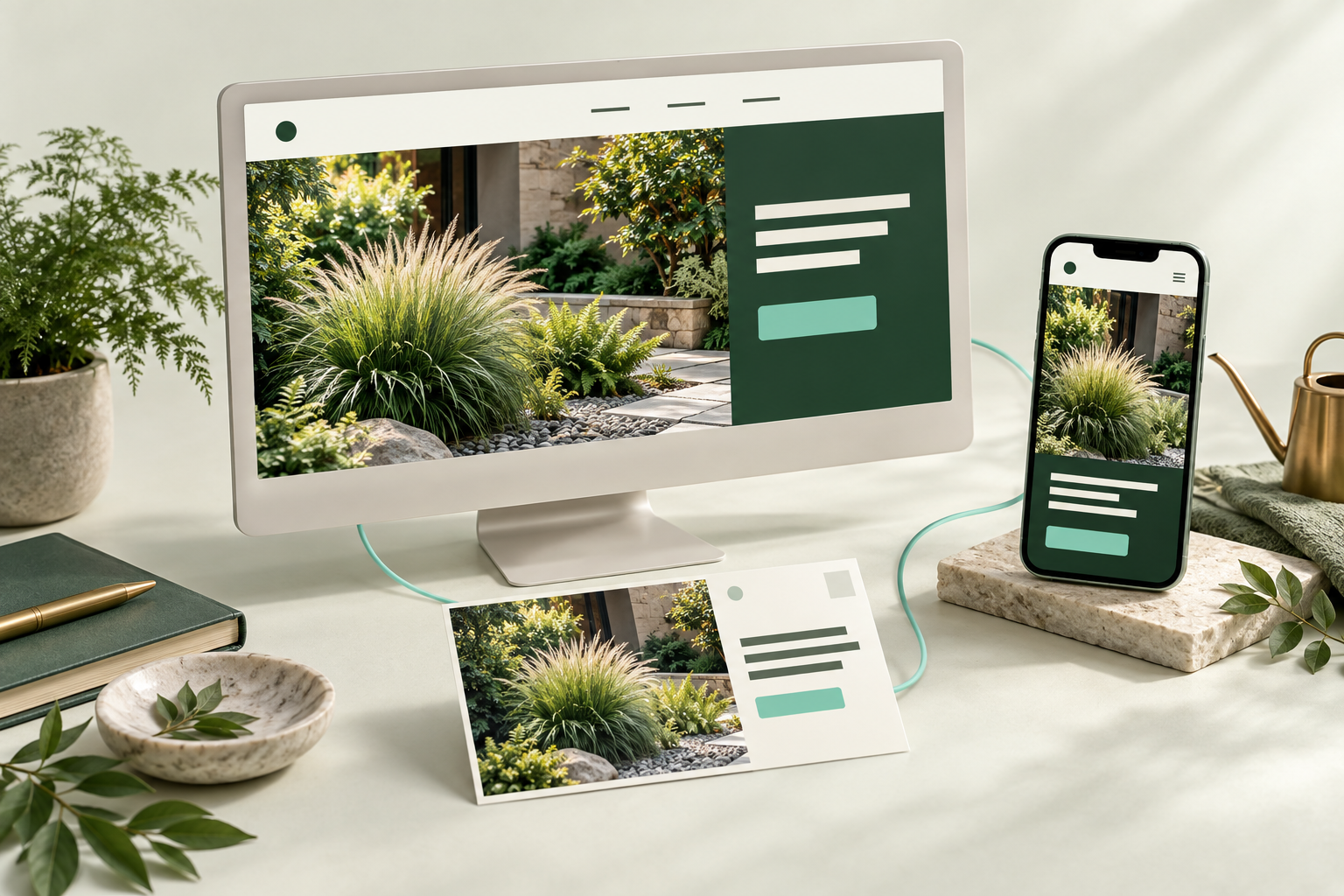 An illustrated landscaping campaign with coordinated plant imagery across a screen, phone, and printed card.