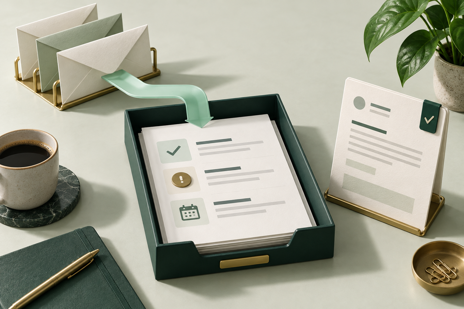 Illustrated message cards organized into a daily brief with replies and decisions to review.