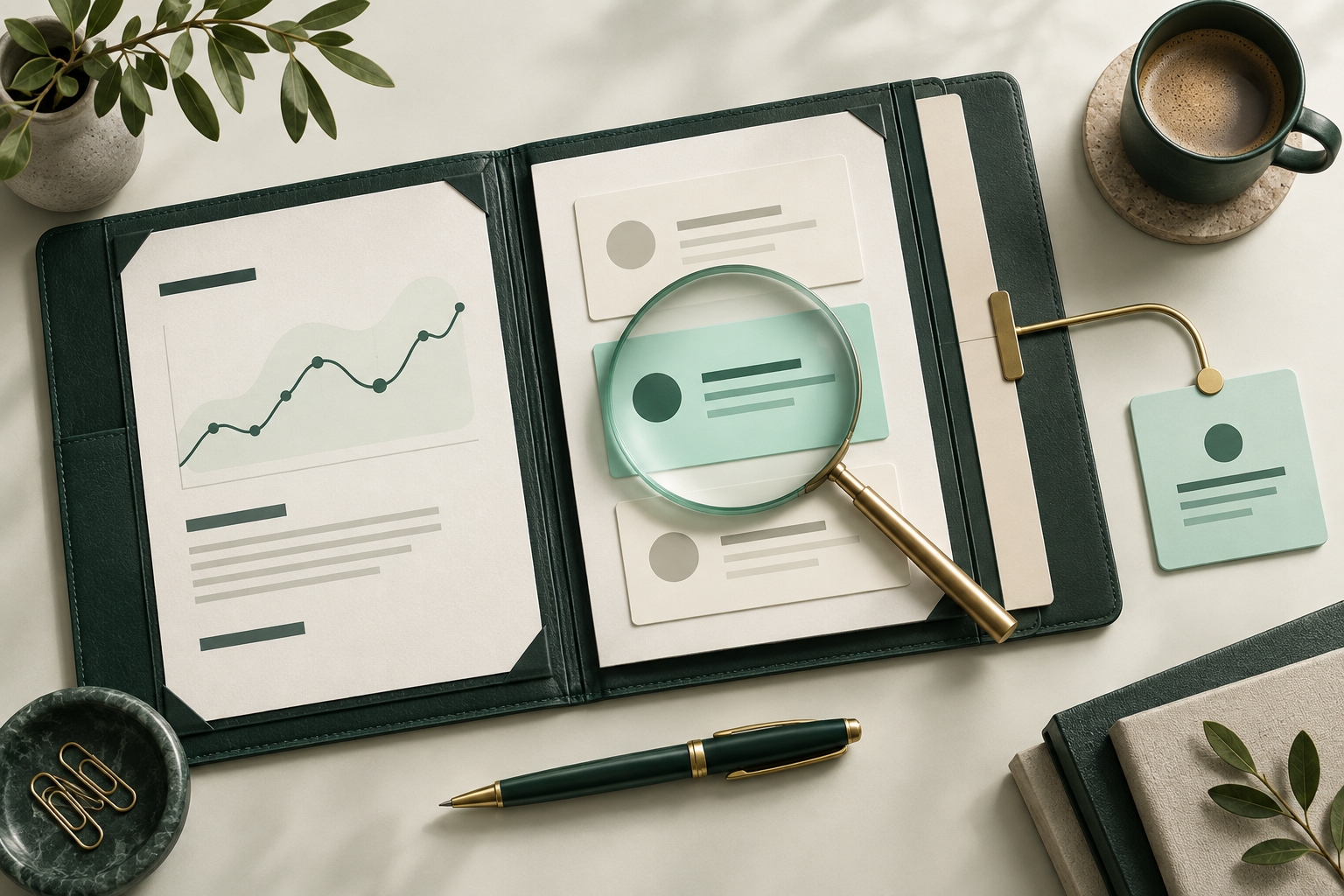 Illustrated charts and planning notes arranged for a business review.