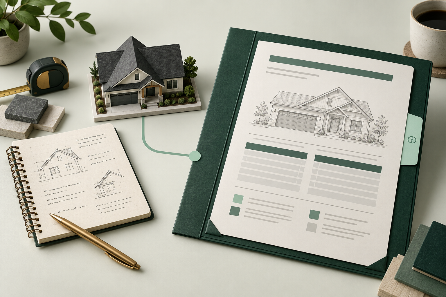 An illustrated model house and site notes connected to a prepared proposal document.