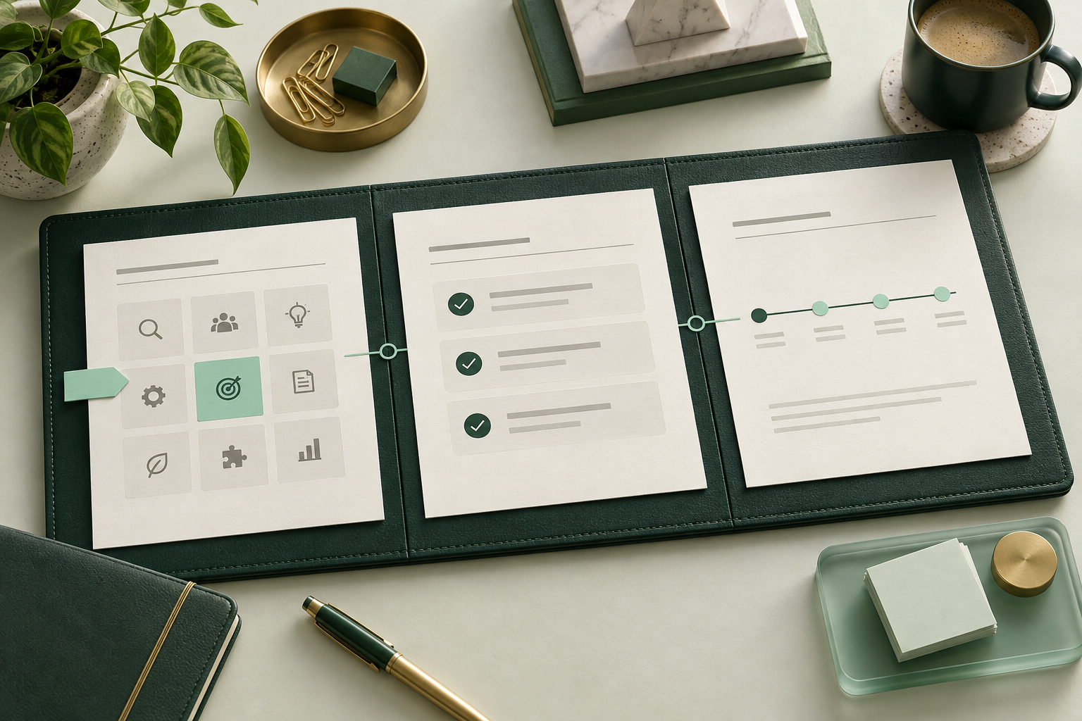 An illustrated AI action plan with papers arranged along a path of priorities.