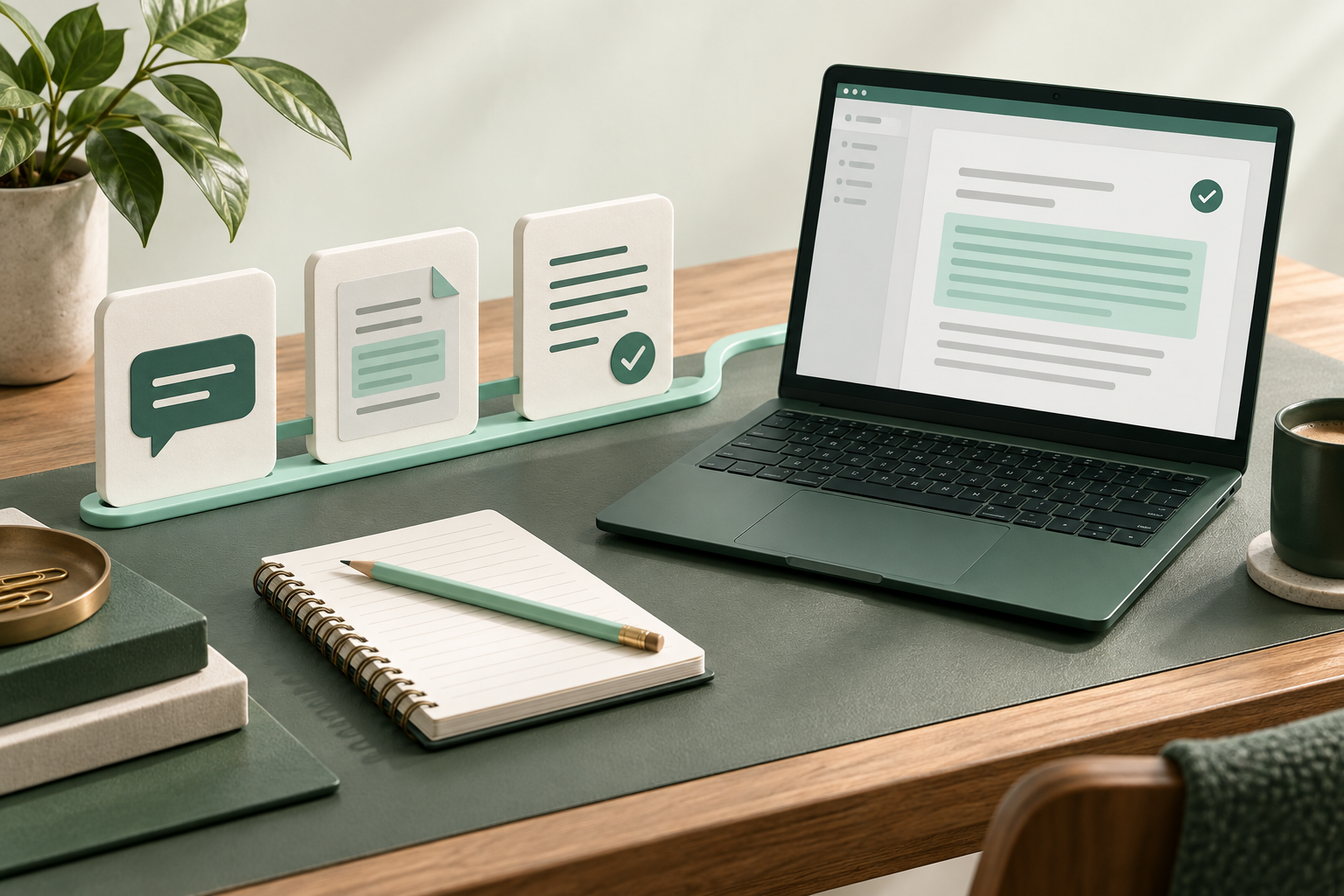 An illustrated learning desk with a laptop, task notes, and work ready for review.